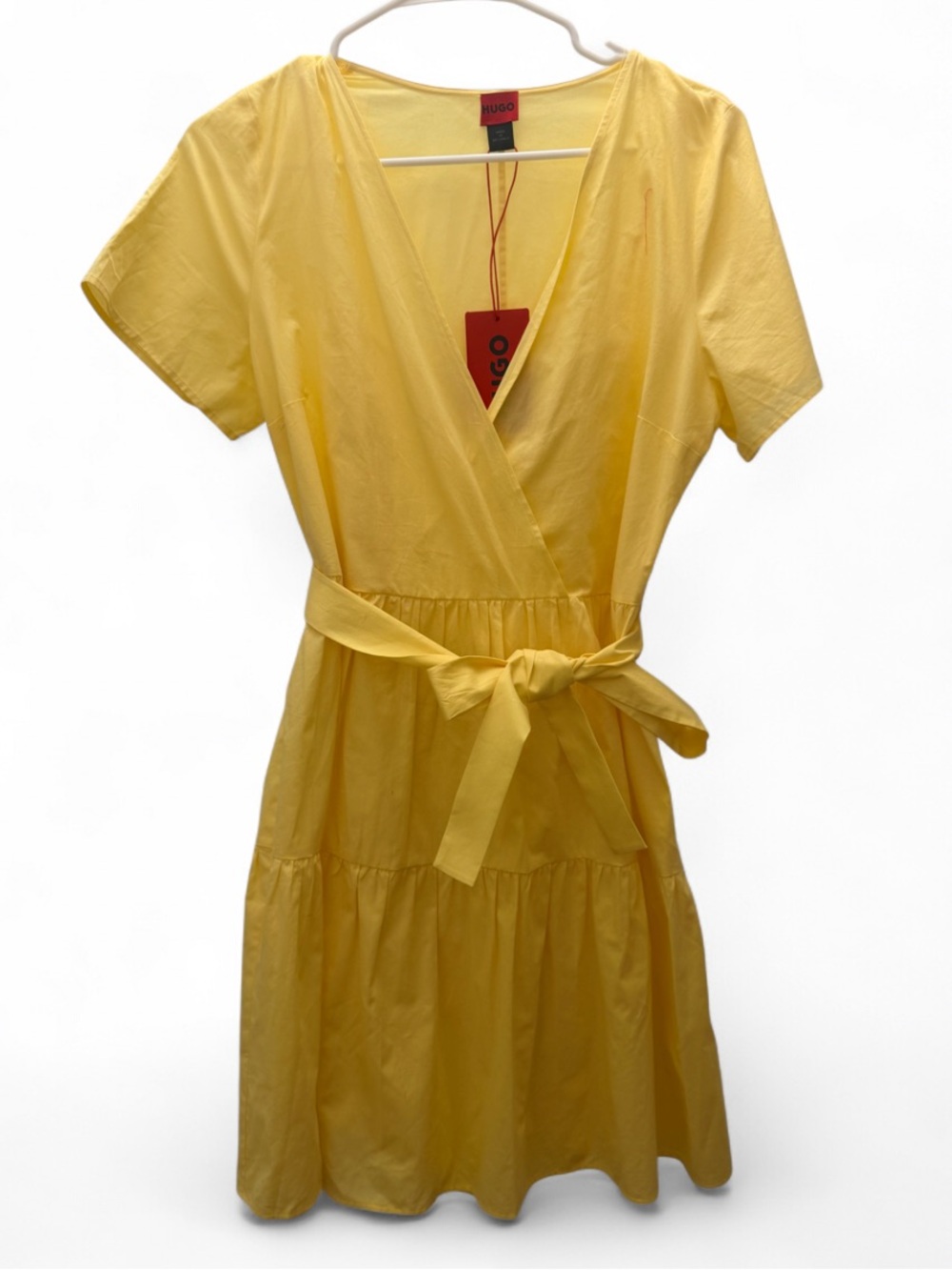 HUGO Yellow Wrap-Style Tiered Women’s Dress with Waist Tie